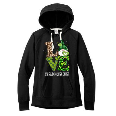 Reading Teacher Love St Patricks Day Gnome Leopard Shamrock Gift Women's Fleece Hoodie