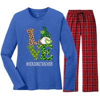 Reading Teacher Love St Patricks Day Gnome Leopard Shamrock Gift Women's Long Sleeve Flannel Pajama Set 