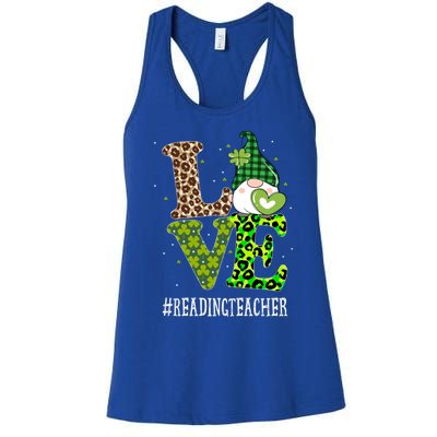 Reading Teacher Love St Patricks Day Gnome Leopard Shamrock Gift Women's Racerback Tank