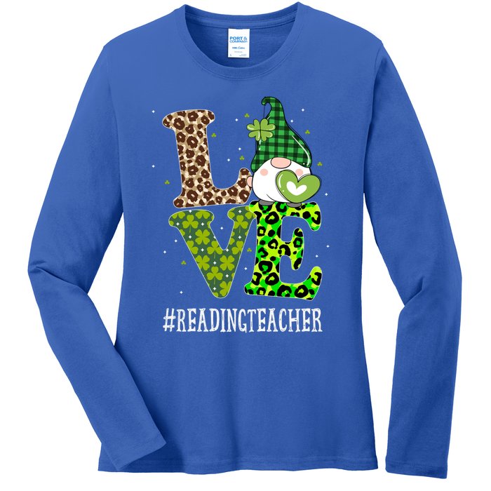 Reading Teacher Love St Patricks Day Gnome Leopard Shamrock Gift Ladies Long Sleeve Shirt