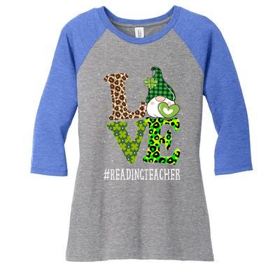 Reading Teacher Love St Patricks Day Gnome Leopard Shamrock Gift Women's Tri-Blend 3/4-Sleeve Raglan Shirt