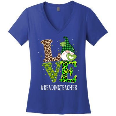 Reading Teacher Love St Patricks Day Gnome Leopard Shamrock Gift Women's V-Neck T-Shirt