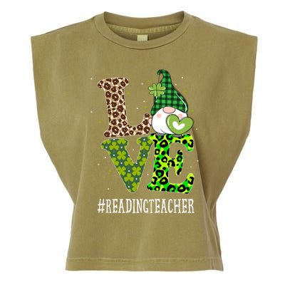 Reading Teacher Love St Patricks Day Gnome Leopard Shamrock Gift Garment-Dyed Women's Muscle Tee