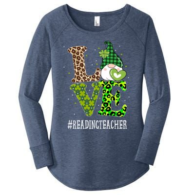 Reading Teacher Love St Patricks Day Gnome Leopard Shamrock Gift Women's Perfect Tri Tunic Long Sleeve Shirt