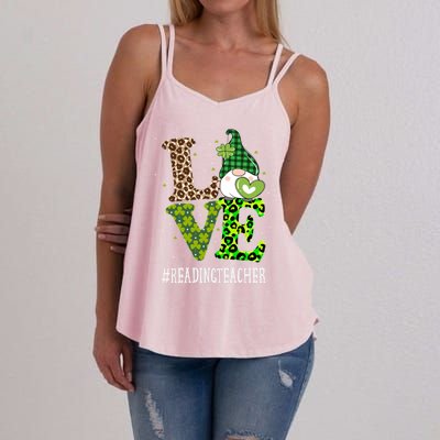 Reading Teacher Love St Patricks Day Gnome Leopard Shamrock Gift Women's Strappy Tank