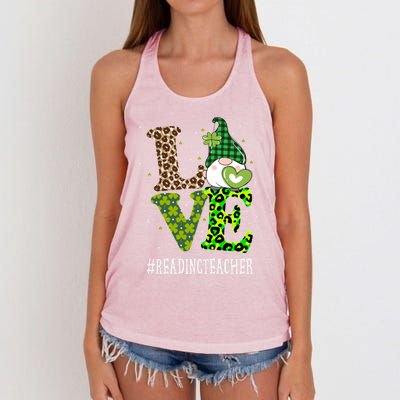 Reading Teacher Love St Patricks Day Gnome Leopard Shamrock Gift Women's Knotted Racerback Tank