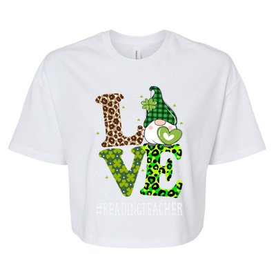 Reading Teacher Love St Patricks Day Gnome Leopard Shamrock Gift Bella+Canvas Jersey Crop Tee