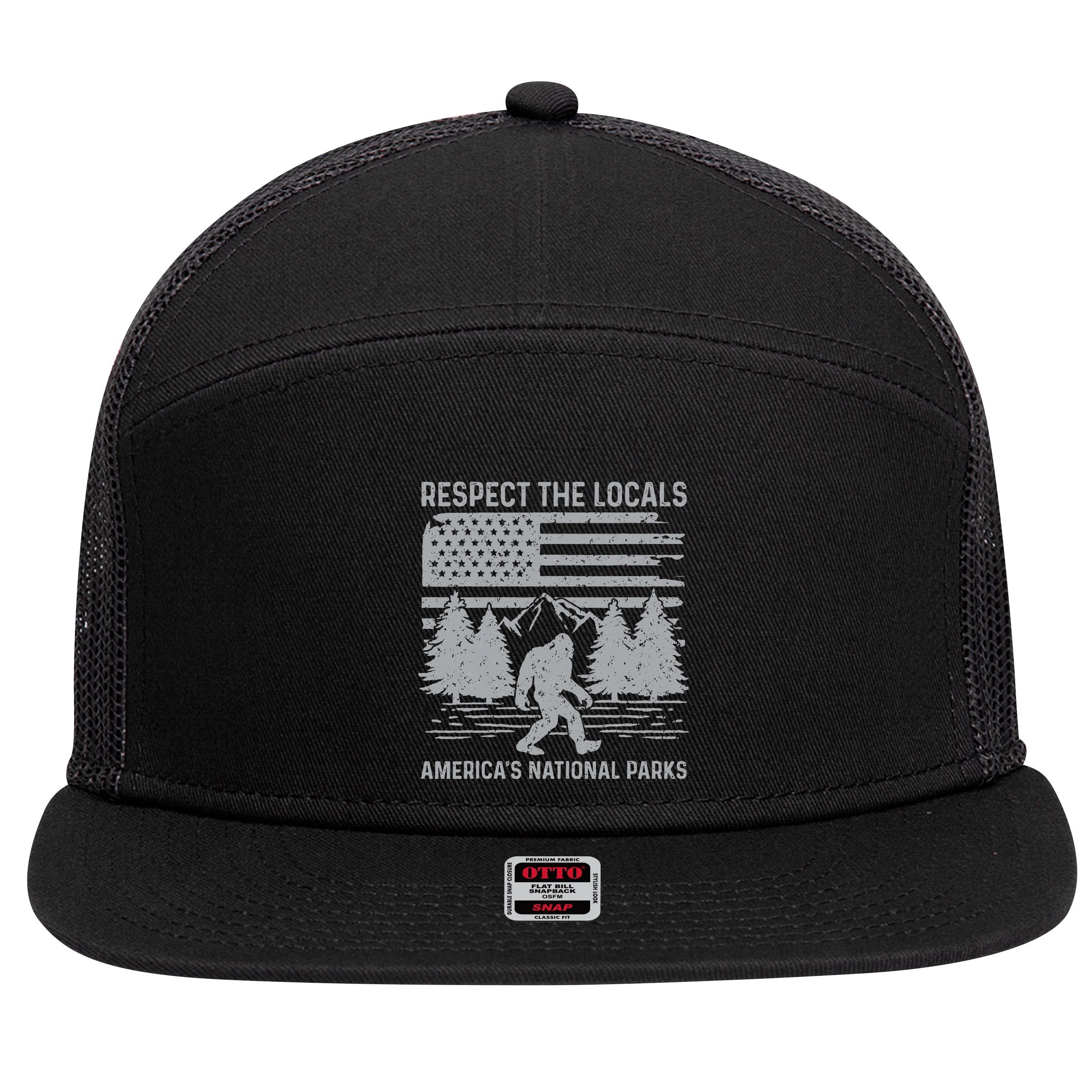 Respect The Locals Bigfoot National Park Bigfoot 7 Panel Mesh Trucker Snapback Hat