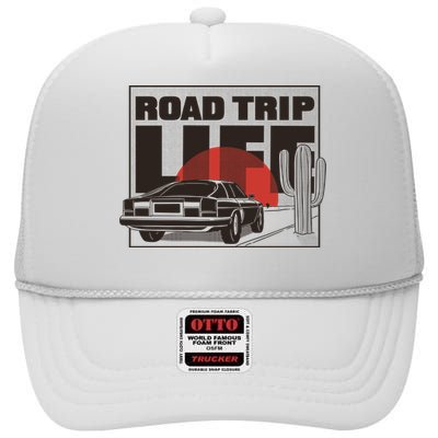 Road Trip Life Vintage Car Sunset High Crown Mesh Back Trucker Hat