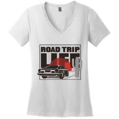 Road Trip Life Vintage Car Sunset Women's V-Neck T-Shirt