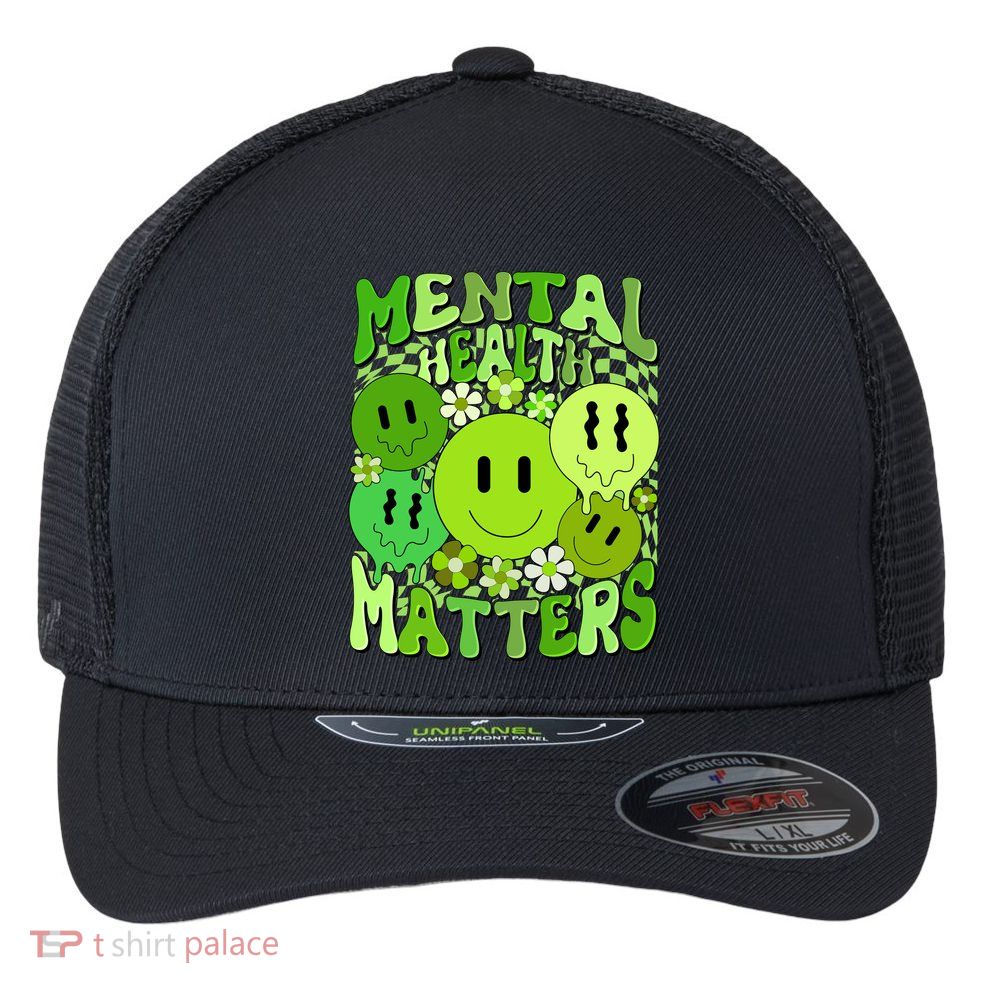 Retro Trippy Mental Health Matters Flexfit Unipanel Trucker Cap