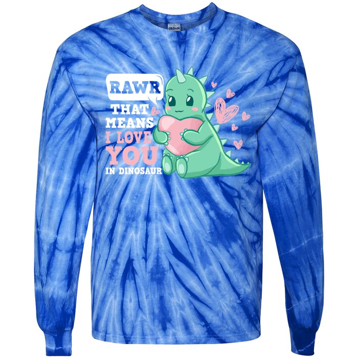 Rawr That Means I Love You In Dinosaur Scene Valentine's Day Gift Tie-Dye Long Sleeve Shirt