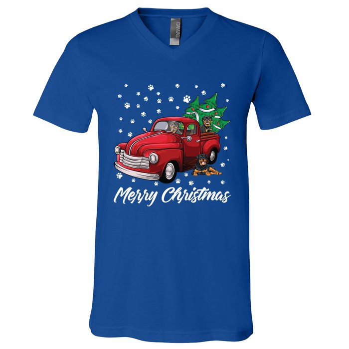 Red Truck Merry Christmas Tree Rottweiler Christmas Gift V-Neck T-Shirt