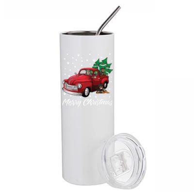 Red Truck Merry Christmas Tree Rottweiler Christmas Gift Stainless Steel Tumbler