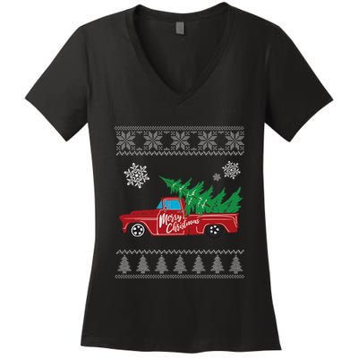 Red Truck Merry Christmas Ugly Christmas Sweater Women's V-Neck T-Shirt