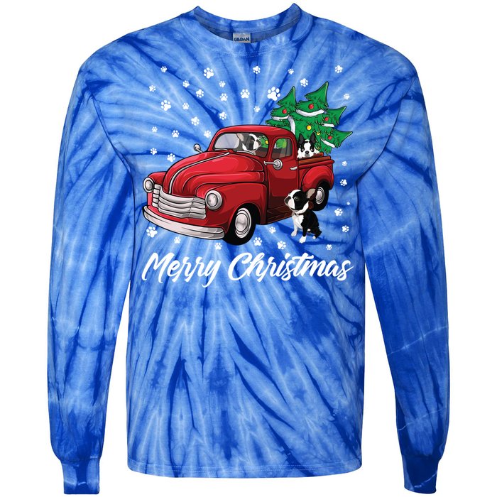 Red Truck Merry Christmas Tree Boston Terrier Dog Christmas Gift Tie-Dye Long Sleeve Shirt