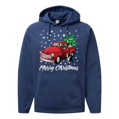 Red Truck Merry Christmas Tree Boston Terrier Dog Christmas Gift Performance Fleece Hoodie