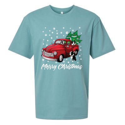 Red Truck Merry Christmas Tree Boston Terrier Dog Christmas Gift Sueded Cloud Jersey T-Shirt