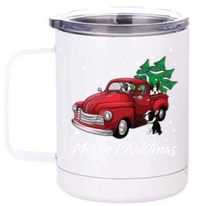 Red Truck Merry Christmas Tree Boston Terrier Dog Christmas Gift 12 oz Stainless Steel Tumbler Cup