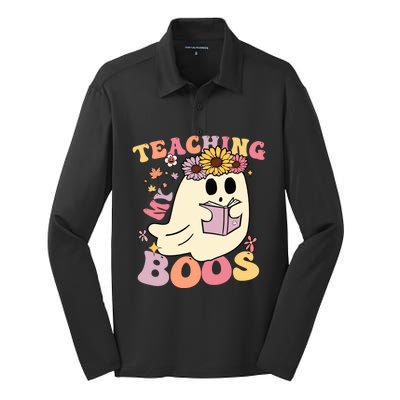 Retro Teaching My Boos Cute Floral Ghost Halloween Teacher Meaningful Gift Silk Touch Performance Long Sleeve Polo