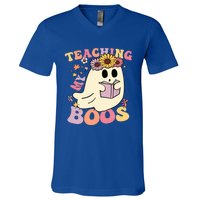 Retro Teaching My Boos Cute Floral Ghost Halloween Teacher Meaningful Gift V-Neck T-Shirt