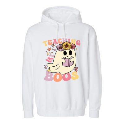 Retro Teaching My Boos Cute Floral Ghost Halloween Teacher Meaningful Gift Garment-Dyed Fleece Hoodie