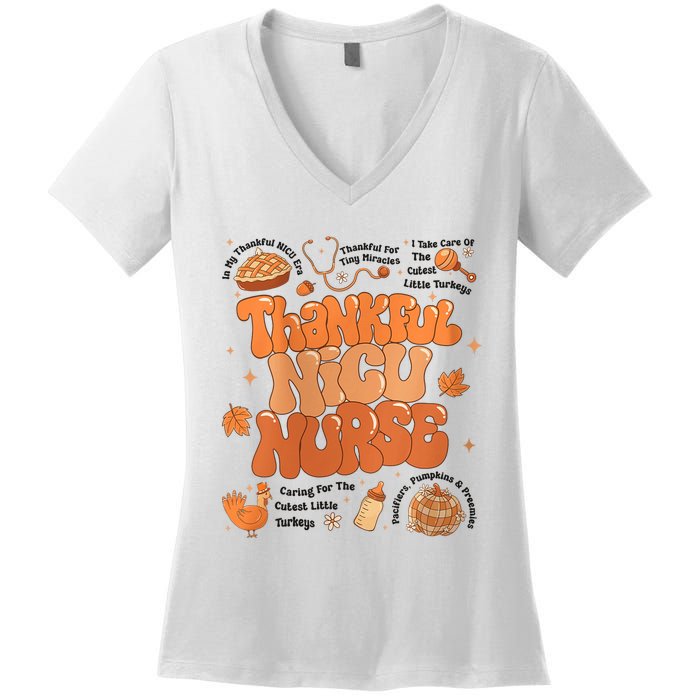 Retro Thanksgiving Nicu Nurse Autumn Thankful Nicu Nurse Women's V-Neck T-Shirt