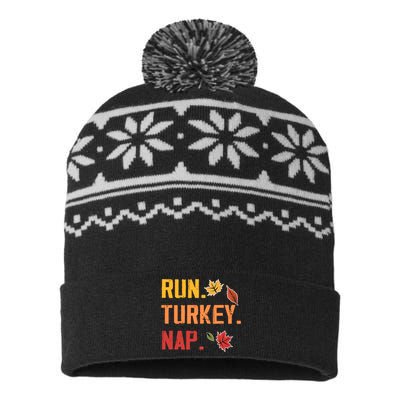 Run Turkey Nap Thanksgiving Funny Turkey Trot Running USA-Made Snowflake Beanie