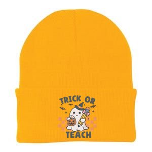 Retro Trick Or Teach Halloween Teacher Ghost Spooky Season Gift Knit Cap Winter Beanie