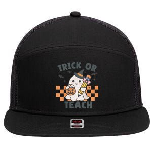 Retro Trick Or Teach Halloween Teacher Ghost Spooky Season Gift 7 Panel Mesh Trucker Snapback Hat