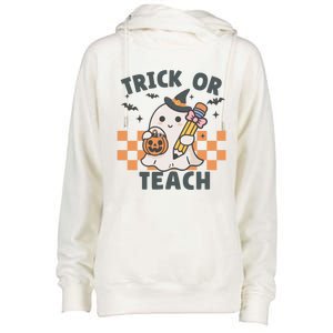 Retro Trick Or Teach Halloween Teacher Ghost Spooky Season Gift Womens Funnel Neck Pullover Hood