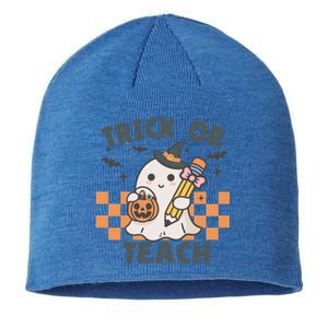 Retro Trick Or Teach Halloween Teacher Ghost Spooky Season Gift Sustainable Beanie