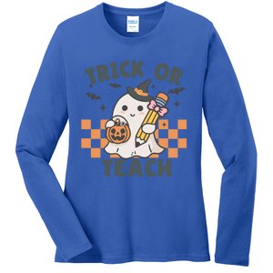 Retro Trick Or Teach Halloween Teacher Ghost Spooky Season Gift Ladies Long Sleeve Shirt