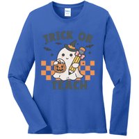 Retro Trick Or Teach Halloween Teacher Ghost Spooky Season Gift Ladies Long Sleeve Shirt