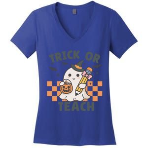 Retro Trick Or Teach Halloween Teacher Ghost Spooky Season Gift Women's V-Neck T-Shirt