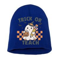 Retro Trick Or Teach Halloween Teacher Ghost Spooky Season Gift Short Acrylic Beanie