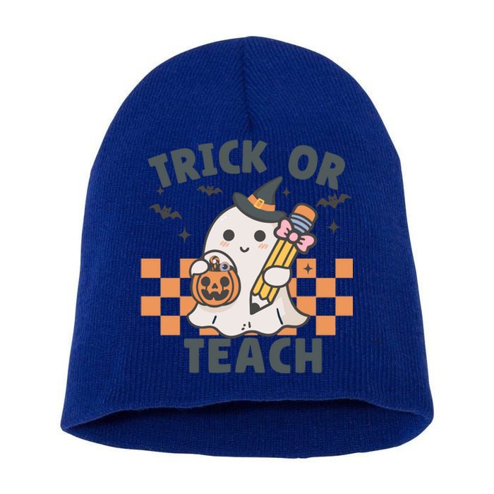 Retro Trick Or Teach Halloween Teacher Ghost Spooky Season Gift Short Acrylic Beanie