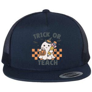 Retro Trick Or Teach Halloween Teacher Ghost Spooky Season Gift Flat Bill Trucker Hat