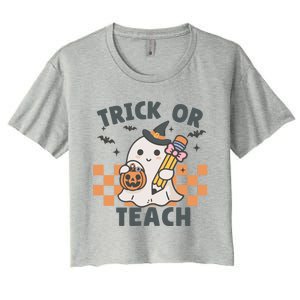 Retro Trick Or Teach Halloween Teacher Ghost Spooky Season Gift Women's Crop Top Tee