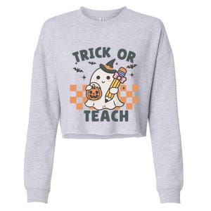 Retro Trick Or Teach Halloween Teacher Ghost Spooky Season Gift Cropped Pullover Crew