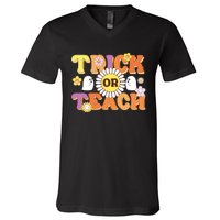 Retro Trick Or Teach Ghost Teacher Halloween Costume V-Neck T-Shirt