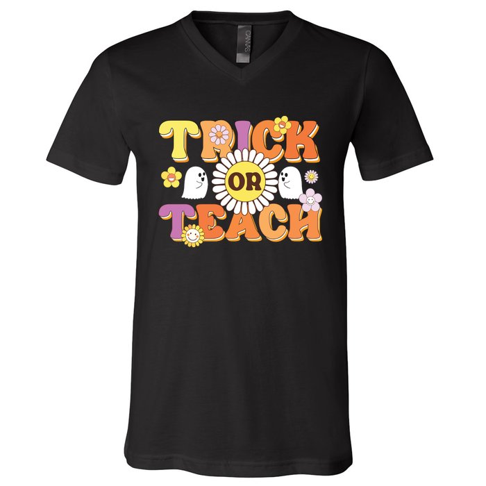 Retro Trick Or Teach Ghost Teacher Halloween Costume V-Neck T-Shirt