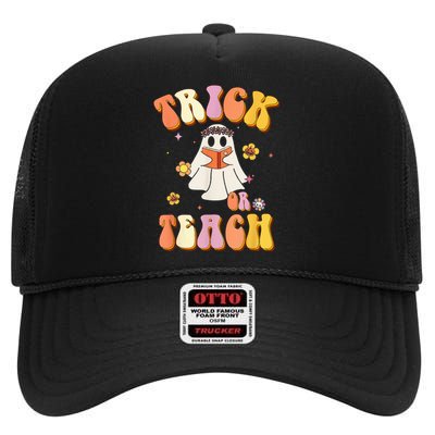 Retro Trick Or Teach Funny Halloween Design High Crown Mesh Back Trucker Hat