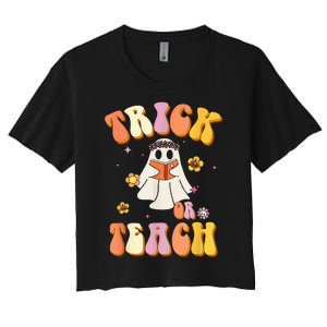 Retro Trick Or Teach Funny Halloween Design Women's Crop Top Tee