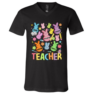 Retro Teacher Of Sweet Bunny Cute Teacher Easter Day V-Neck T-Shirt