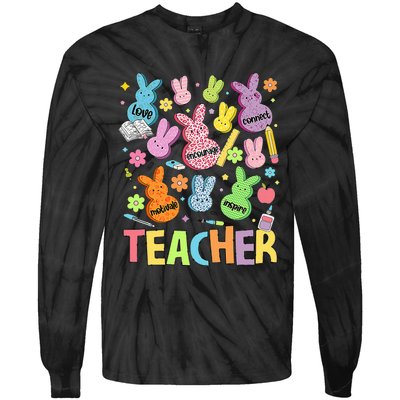 Retro Teacher Of Sweet Bunny Cute Teacher Easter Day Tie-Dye Long Sleeve Shirt