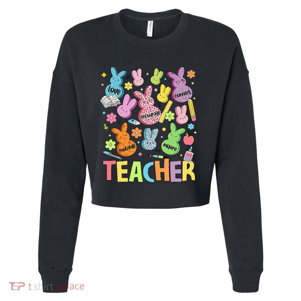 Retro Teacher Of Sweet Bunny Cute Teacher Easter Day Cropped Pullover Crew