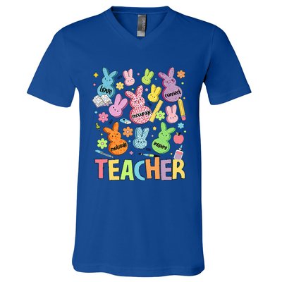 Retro Teacher Of Sweet Bunny Cute Teacher Easter Day V-Neck T-Shirt