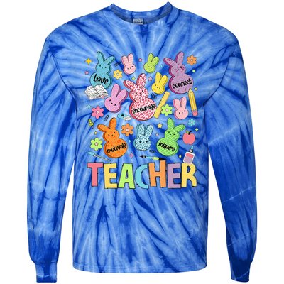 Retro Teacher Of Sweet Bunny Cute Teacher Easter Day Tie-Dye Long Sleeve Shirt