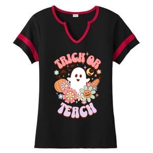 Retro Trick Or Teach Halloween Ghost For Teachers Gift Ladies Halftime Notch Neck Tee